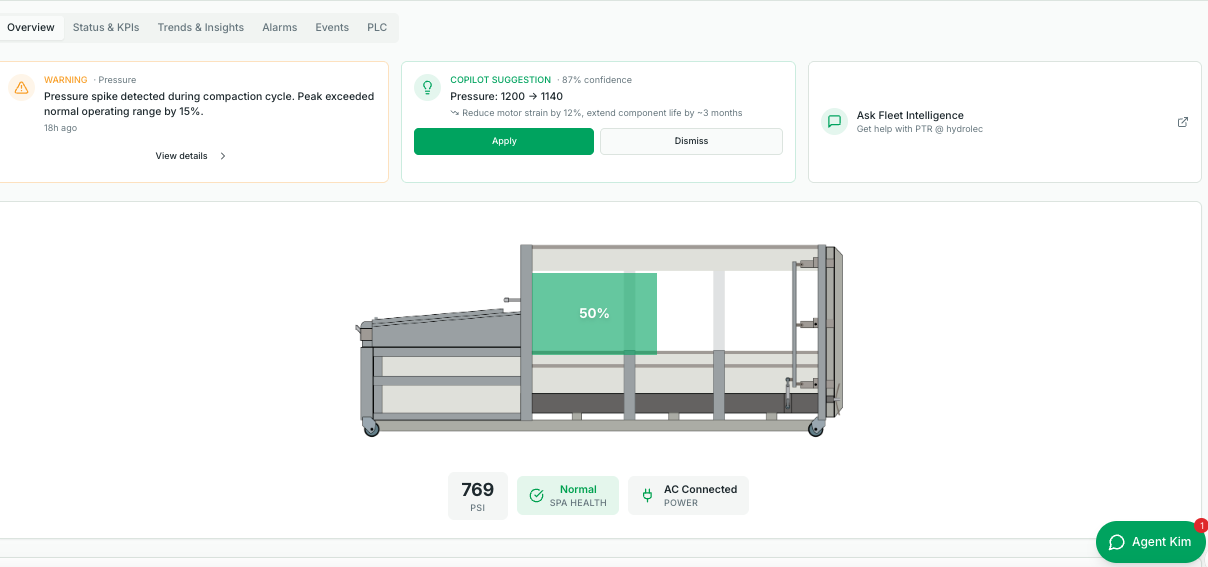 Scada equipment monitoring dashboard showing a live baler unit, pressure warning, copilot suggestion, and real-time health metrics.