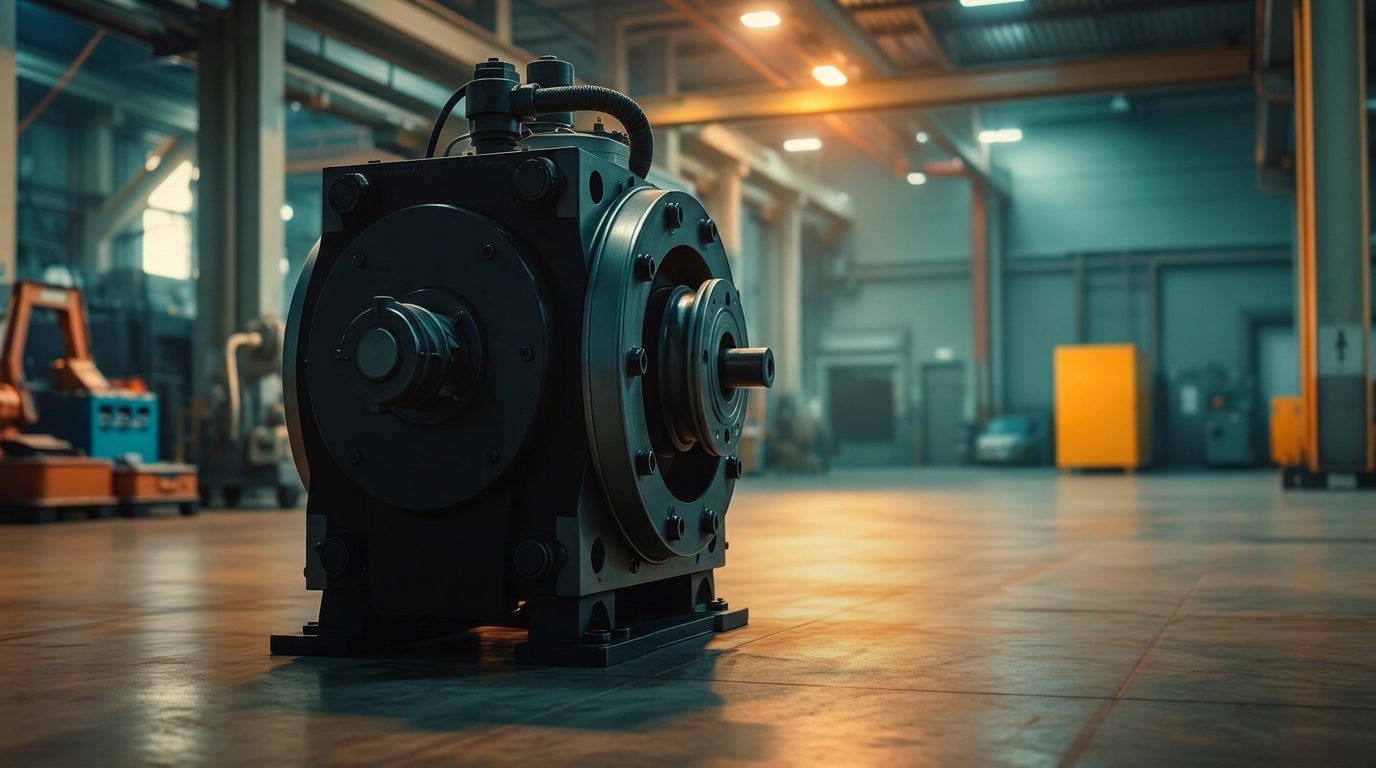 Forest-green hydraulic power unit with manifold and gauges on a shop floor